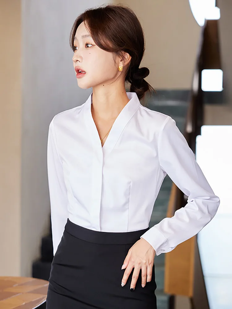 White V-Neck Shirt Women's Business Formal Long Sleeve Commute Style OL Fashion Loose Fit Polyester Fiber Shirt