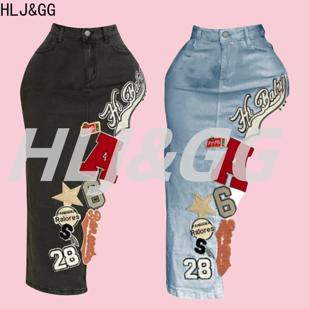 HLJ & GG mode broderie lettre irrégulière maigre Denim jupes femmes taille haute bouton poche Cowboy bas femme Streetwear