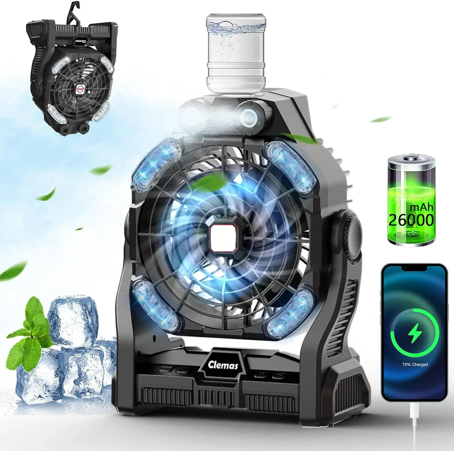 

Versatile Rechargeable Camping Fan with Misting - 14000mAh 26000mAh, RGB Night Lights, Timer, and Power Supply - Ideal for Campi