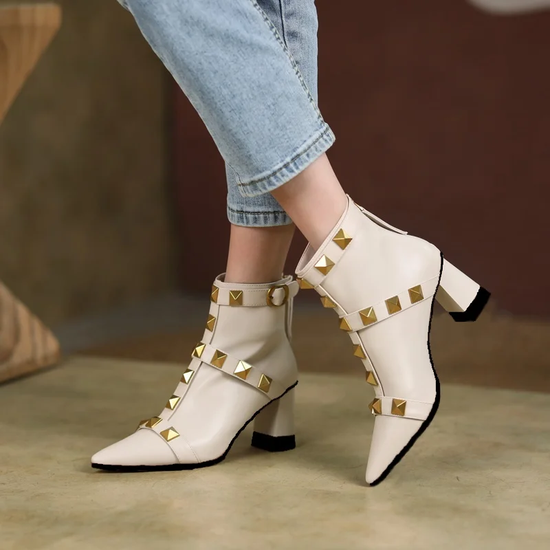 Dilalula Newest Genuine Leather Thick High Heel Rivet Short Boots Autumn Winter Pointed Toe Party Ankle Boots Office Ladies 2025