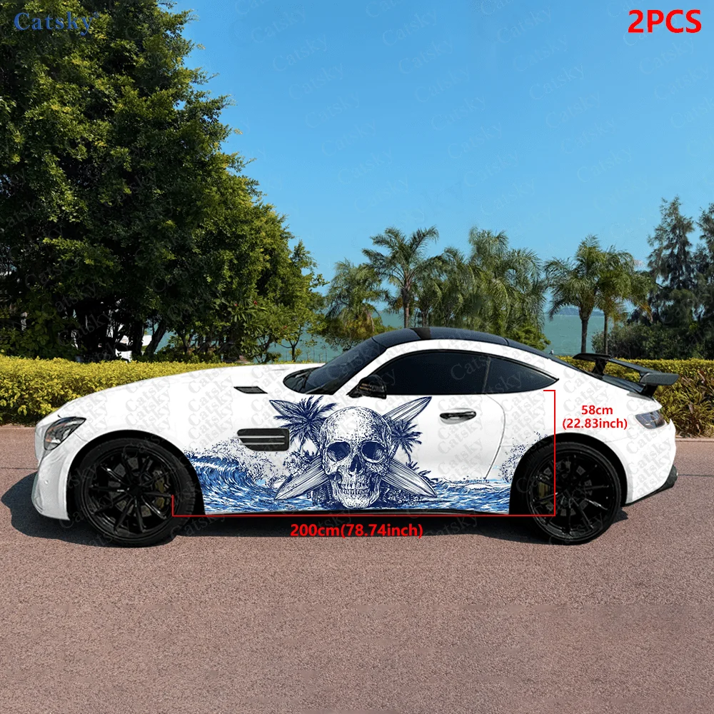2pcs Blue Skull with Surfboard Car Vinyl Wrap, PVC Material Waterproof Side Car Sticker, Self-Adhesive Scratch-Resistant Sticker
