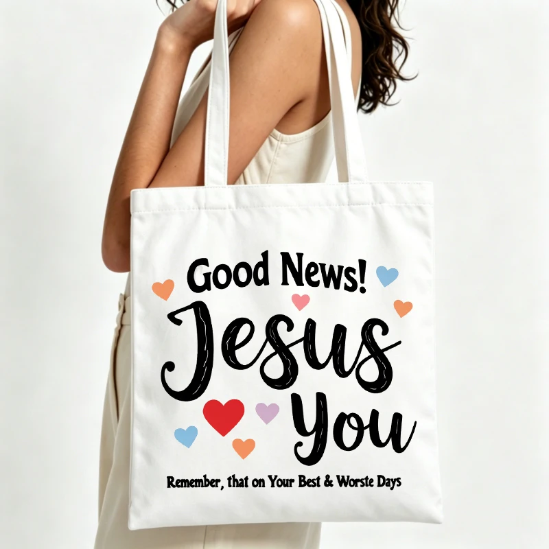Women's slogan-style canvas tote bag with heart graphics, casual shopping bag for daily use and casual outings