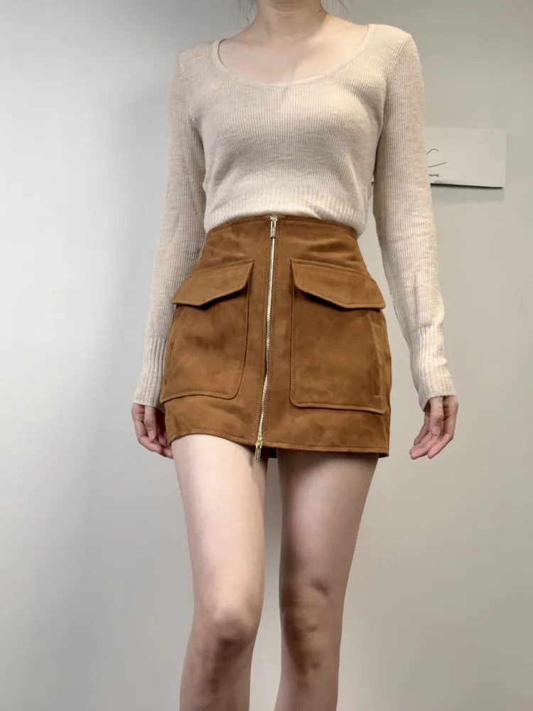 Women Fashion Vintage Pockets Mini Wrap Skirt Belted Real Suede Leather A-Line Skirts High Waist Office Ladies Work Short Skirt