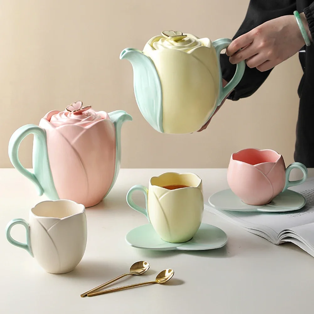 Ceramic Tulip Cups Flower-Shaped Ceramic Coffee Cups with Saucers Tulip Mug Office Afternoon Tea Cups Tableware for Tea/Coffee/M