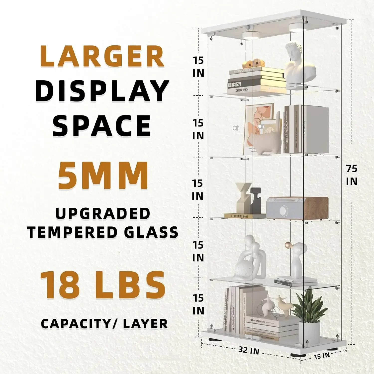 Glass Display Cabinet 5-Shelf with Door, 12-Color LED Push Lights with Remote Control,5mm Tempered Glass Living Room, White