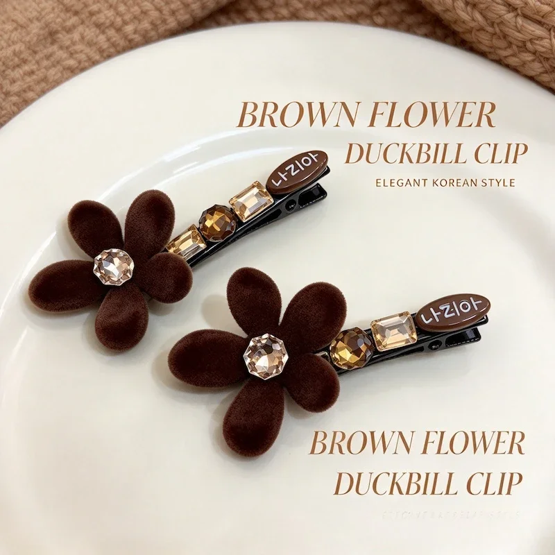 Early Autumn Flocking Flower Rhinestone Hair Accessory Forehead Side Clip Bangs Clip Korean Style Elegant Hairpin for Daily Use