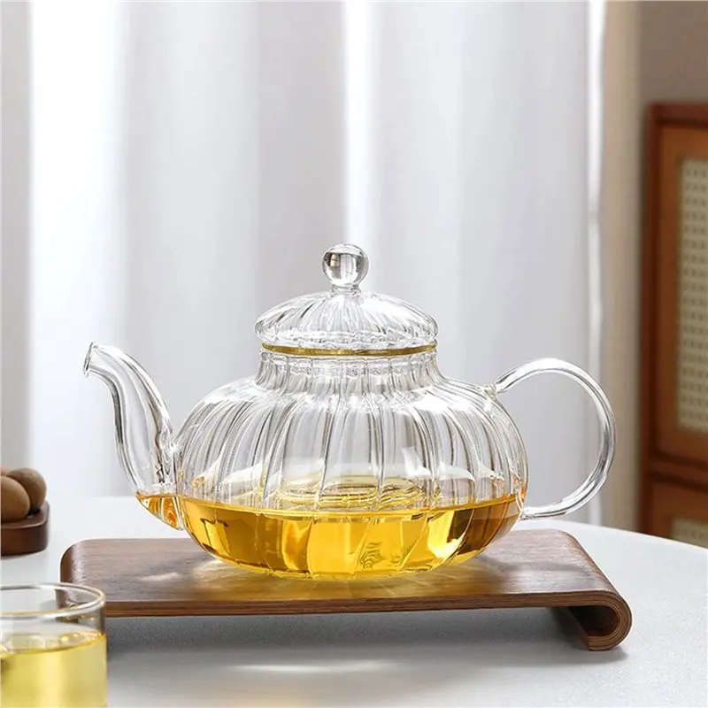 AFOURT-4X Glass Pot Striped Pumpkin Shape Flower Teapot Glass Teapot With Infuser Tea Leaf Flower Teacup
