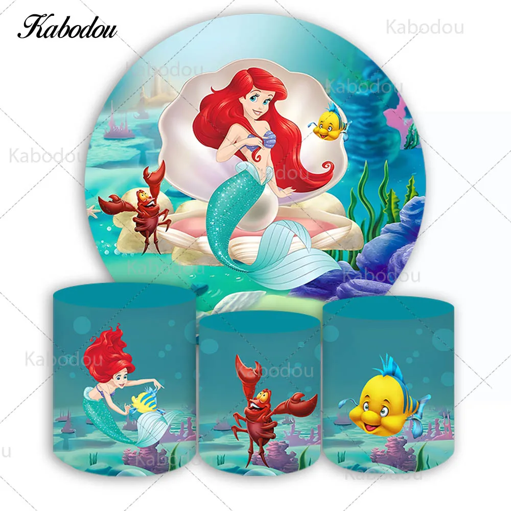 Little Mermaid Ariel Round Backdrop Cover For Kids Birthday Circle Photo Background Booth Cylinder Covers Vinyl Polyester