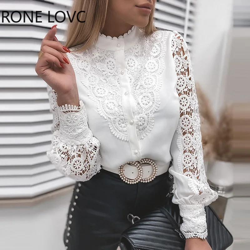 Elegant Women Solid Color Shirts Single-Breasted Design Lace Decor See Through V/O-Neck Long Sleeve Slim Spring Autumn Top