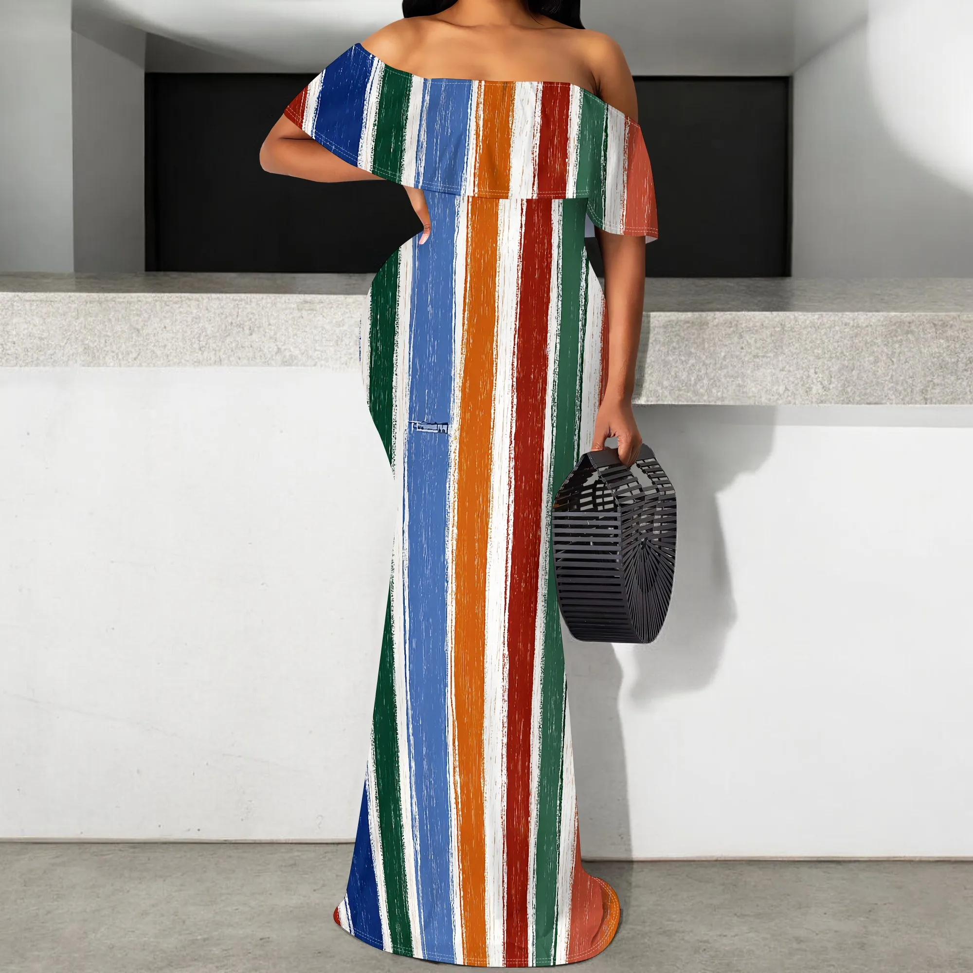 

Women's Rainbow Stripe Maxi Dress S-3XL | Off Shoulder Mermaid Beach Party Gown | Summer Pride Festival Sundress