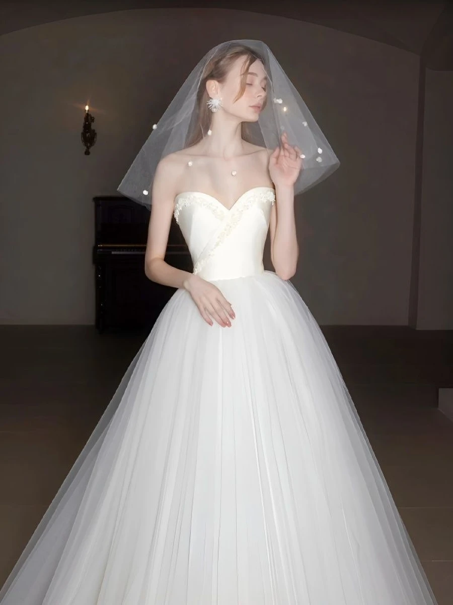 Elegant Tulle Sleeveless Wedding Dress 2024 Simple Satin A-Line Princess Bride Gowns Customized A029