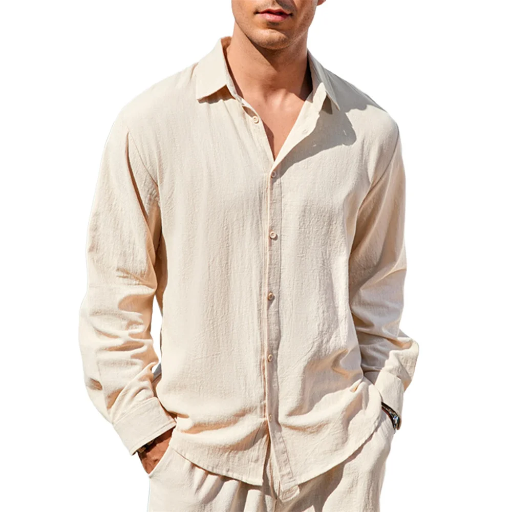 قميص رجالي من القطن والكتان بأكمام طويلة وياقة على شكل طية صدر السترة بلون سادة كاجوال وبسيط يسمح بمرور الهواء وخفيف الوزن للرجال لقضاء العطلات #1
