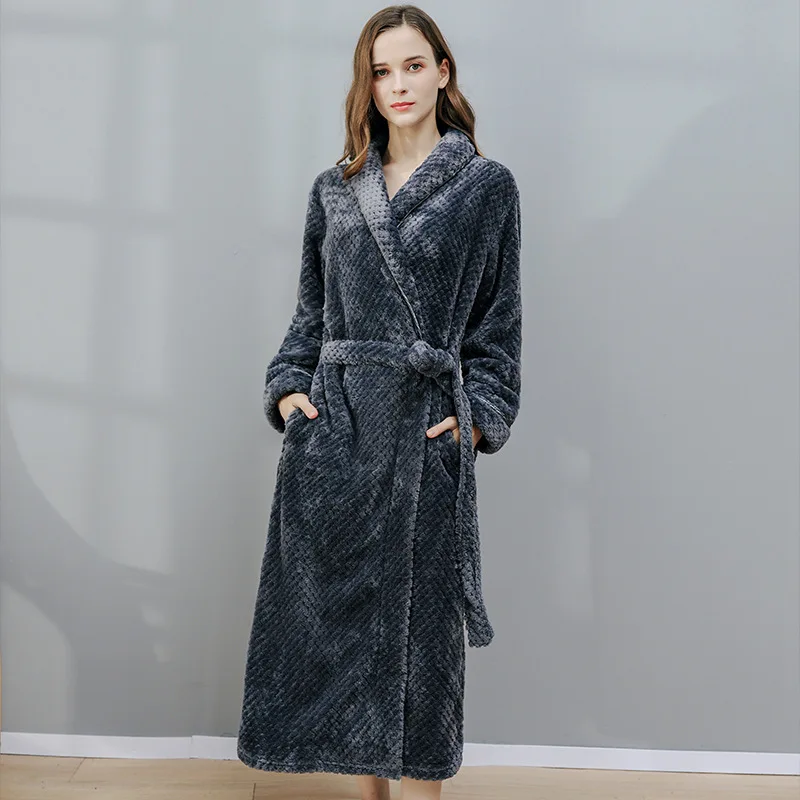 Loose Long Thick Bath Robe Winter Thick Shower Gown Bathrobe Flannel Terry Warm Comfortable Sleepwear For Female Dressing Gown