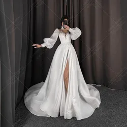 Vestidos De Novia De línea A De lujo para mujer, Apliques De encaje Sexy, abertura lateral, Vestidos De Novia De satén formales elegantes