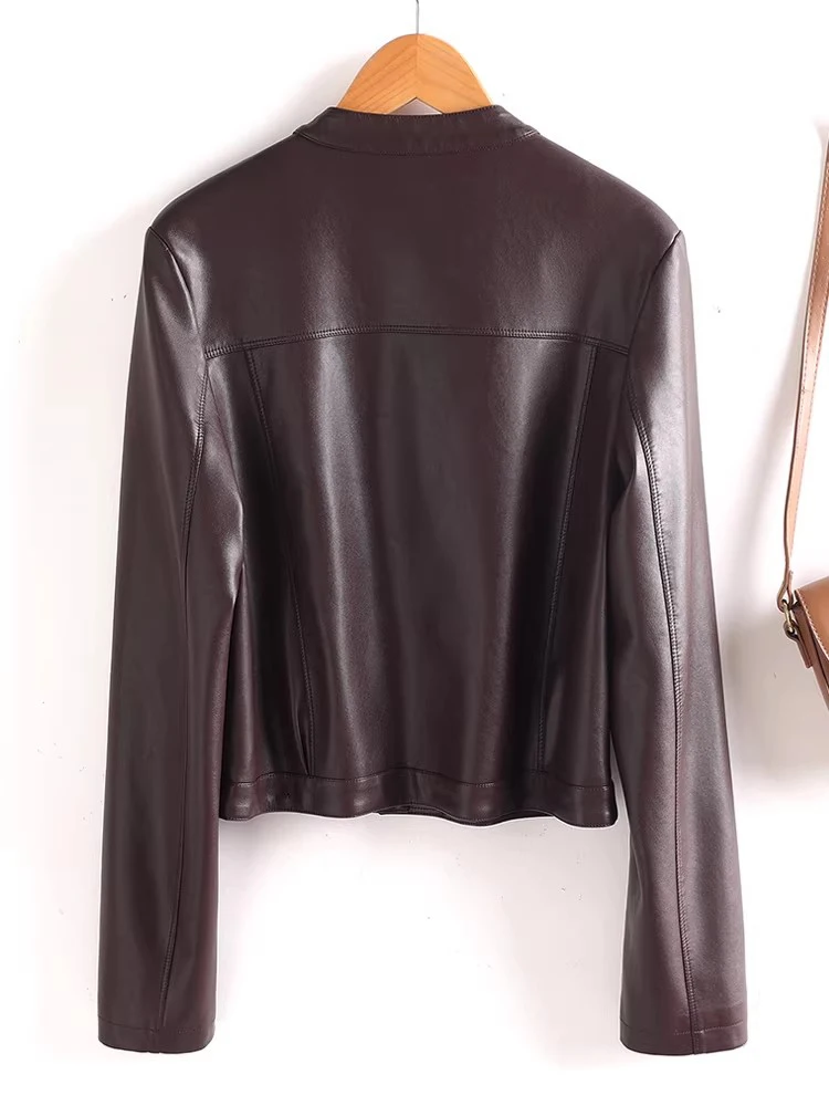 新しい女性の春秋スプリットレザールーズジャケットファッション O ネック長袖カジュアルショートレザーコートシンプルジャケット