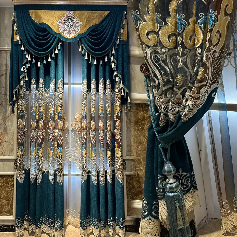 Custom  high-grade water-soluble embroidery window curtain blue Chenille  cloth blackout curtain tulle valance drape C1640