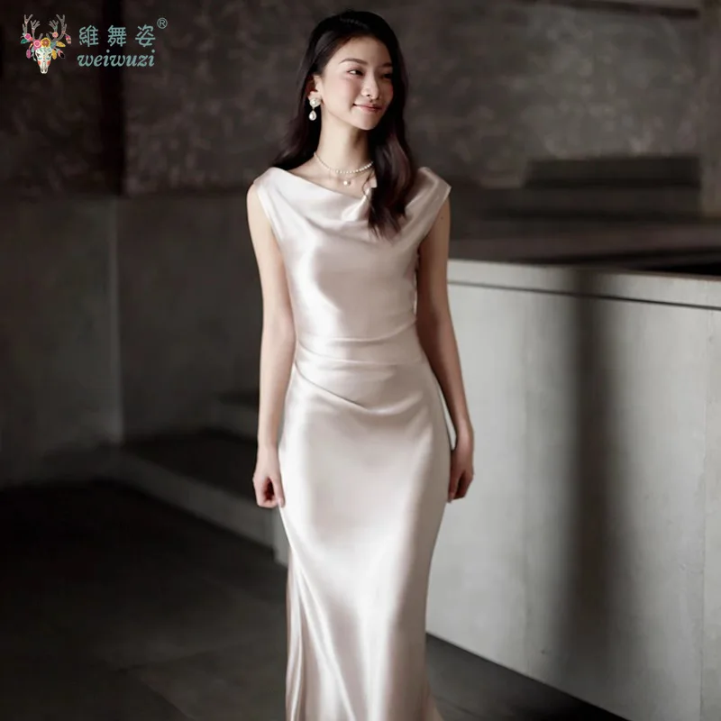 New French Style Simple Satin Champagne Gold Slant Neck Single Shoulder Evening Dress Wedding Bridesmaid Host Performance Dress