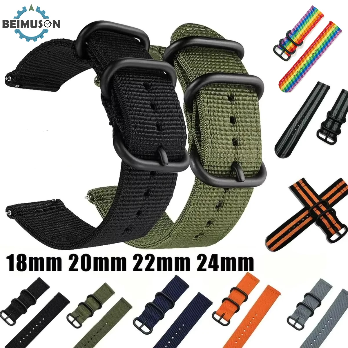 Pasek nylonowy do zegarka 18mm 20mm 22mm 24mm do Samsung Galaxy Watch Amazfit Bip S3 Frontier Huawei Xiaomi, sportowa opaska z czarną klamrą