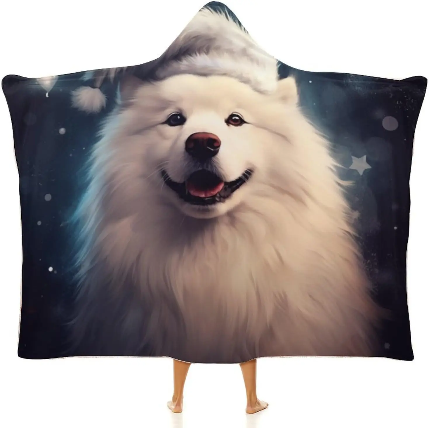 Cute Husky Wearable Blanket Fleece Hooded Christmas Theme Cloak Throw Poncho Plush Warm Wrap for Kids Adults