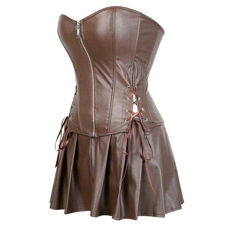 Damen Punk-Kleider mit Reißverschluss, Gothic Lederkorsett-Top, Lederkorsetts, Minirock, Sexy Damen-Lochkleid mit Schnürung, Plissiertes Cosplay-Kleid – Detail 13