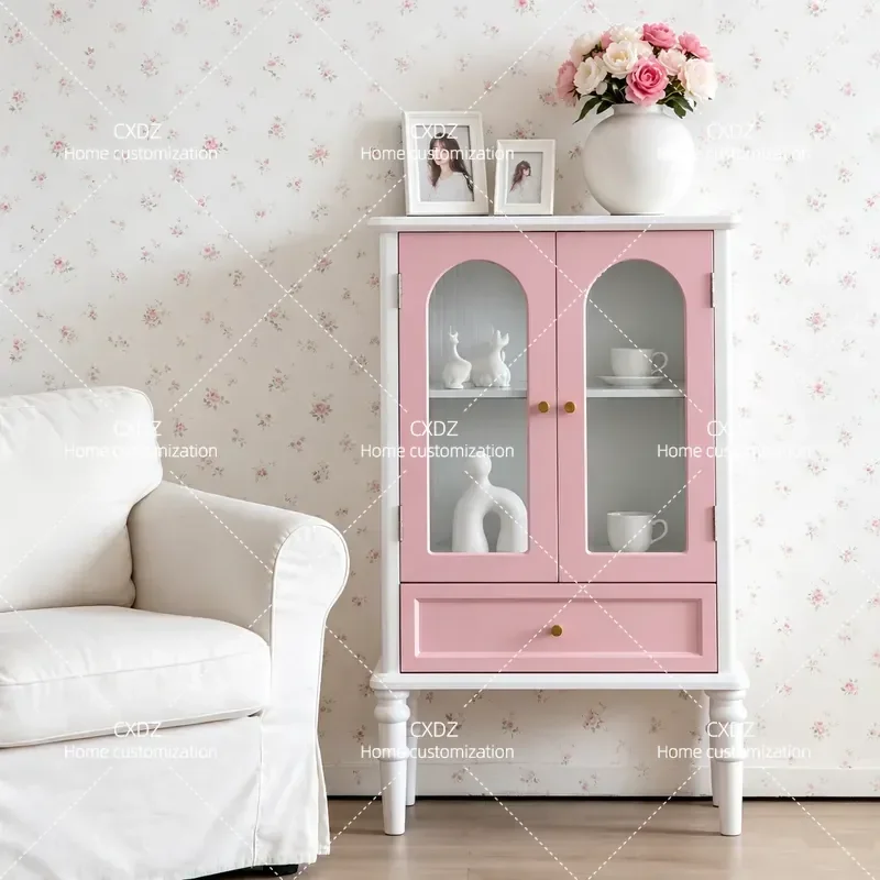 Modern Pink Double Door Side Cabinet Tea Storage Locker Small Bookcase Figure Display Shelf for Dining Room Bedroom Home