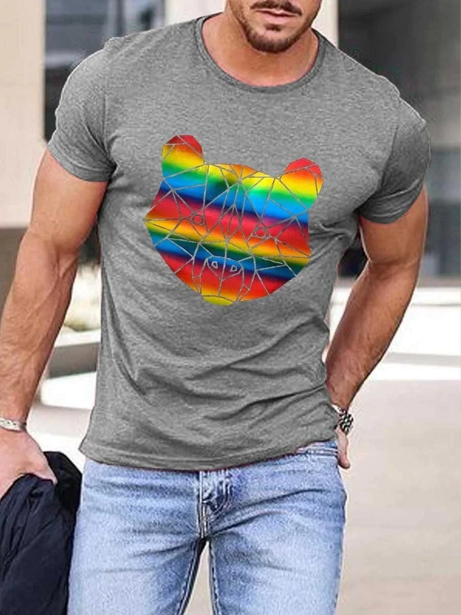 

2023 Summer Men's Printed Casual Crew Neck Short Sleeve T-Shirt Men's Rainbow Bears Print Back T-Shirt 3D Printed T Shirt