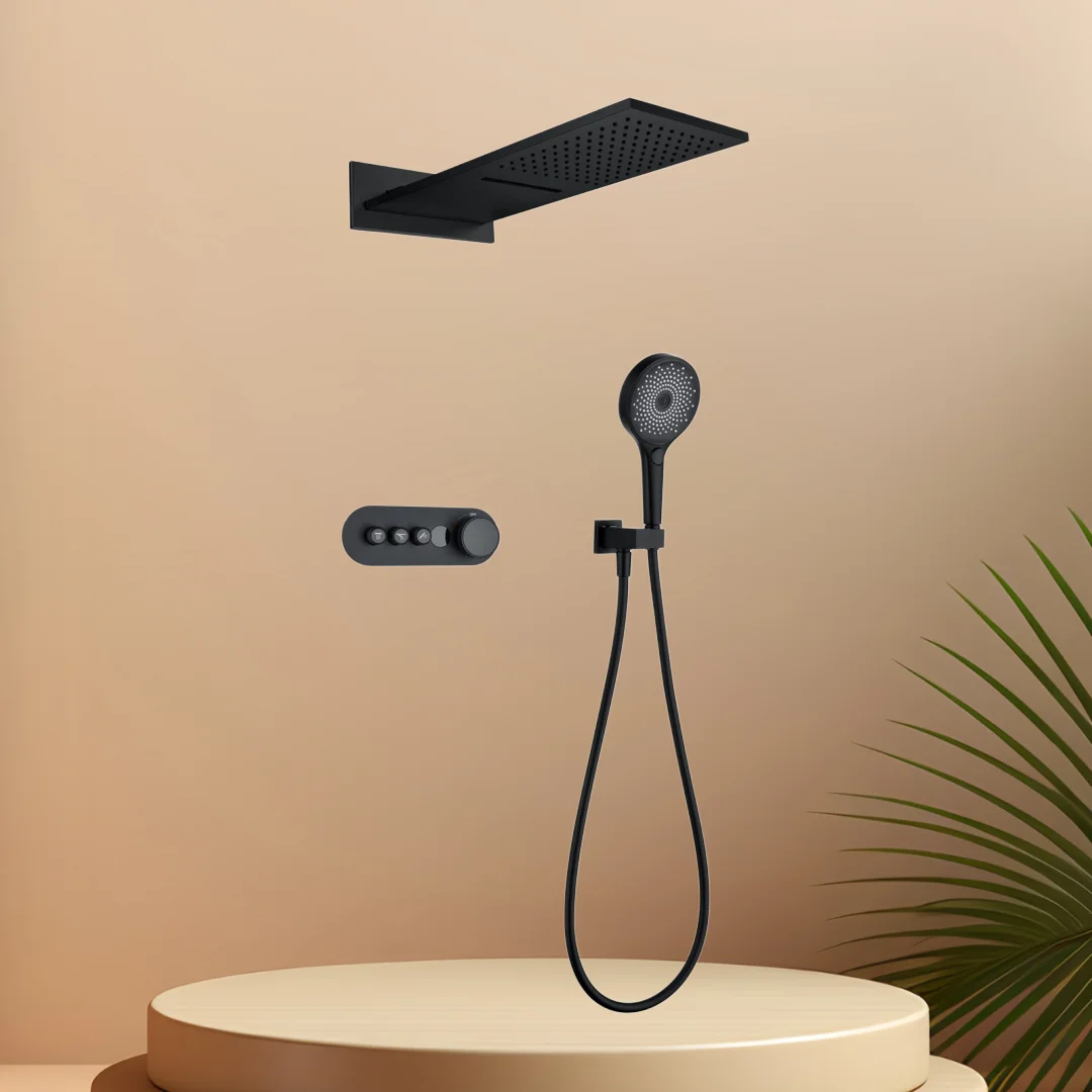 

Комплект для душа из розового золота: скрытый душевой смеситель с эффектом тропического дождя, черный потолочный термостатический смеситель для душа