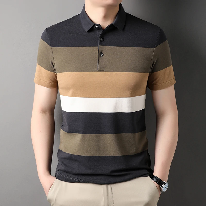 Camiseta de manga corta para hombre, Polo de diseño a la moda, Tops informales a rayas, proceso de teñido de hilo de alta calidad, de verano