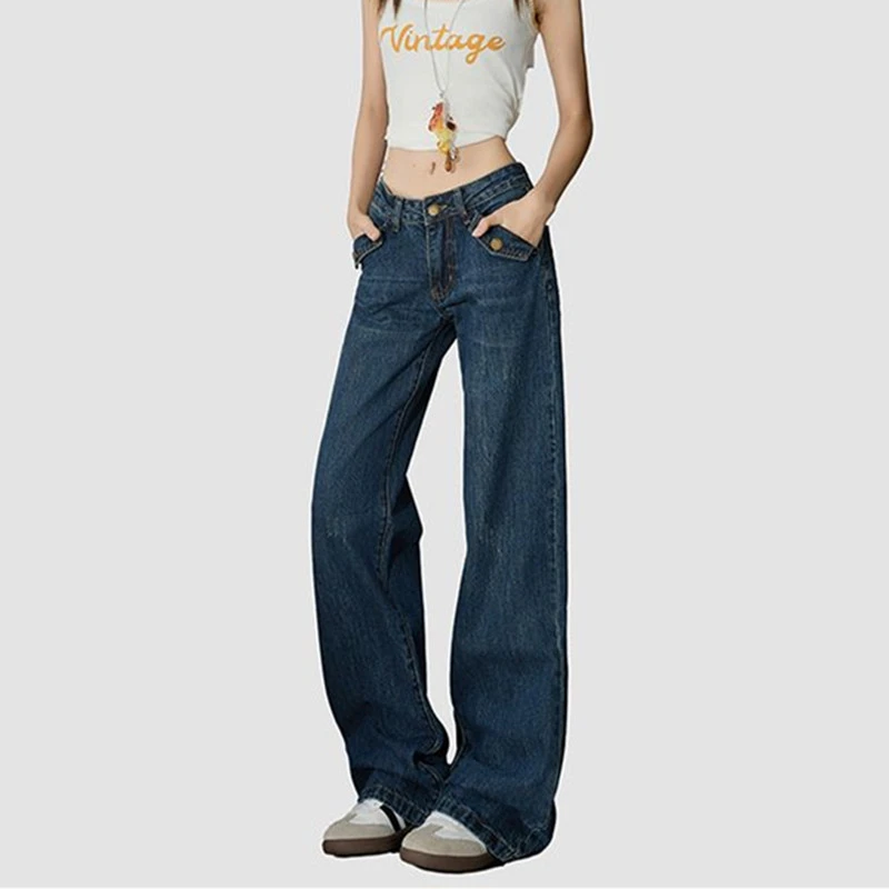 FINEWORDS High Waist Vintage Blue Bell Bottom Jeans Women Korean Streetwear Flared Jeans Easymatch Full Length Casual Jeans
