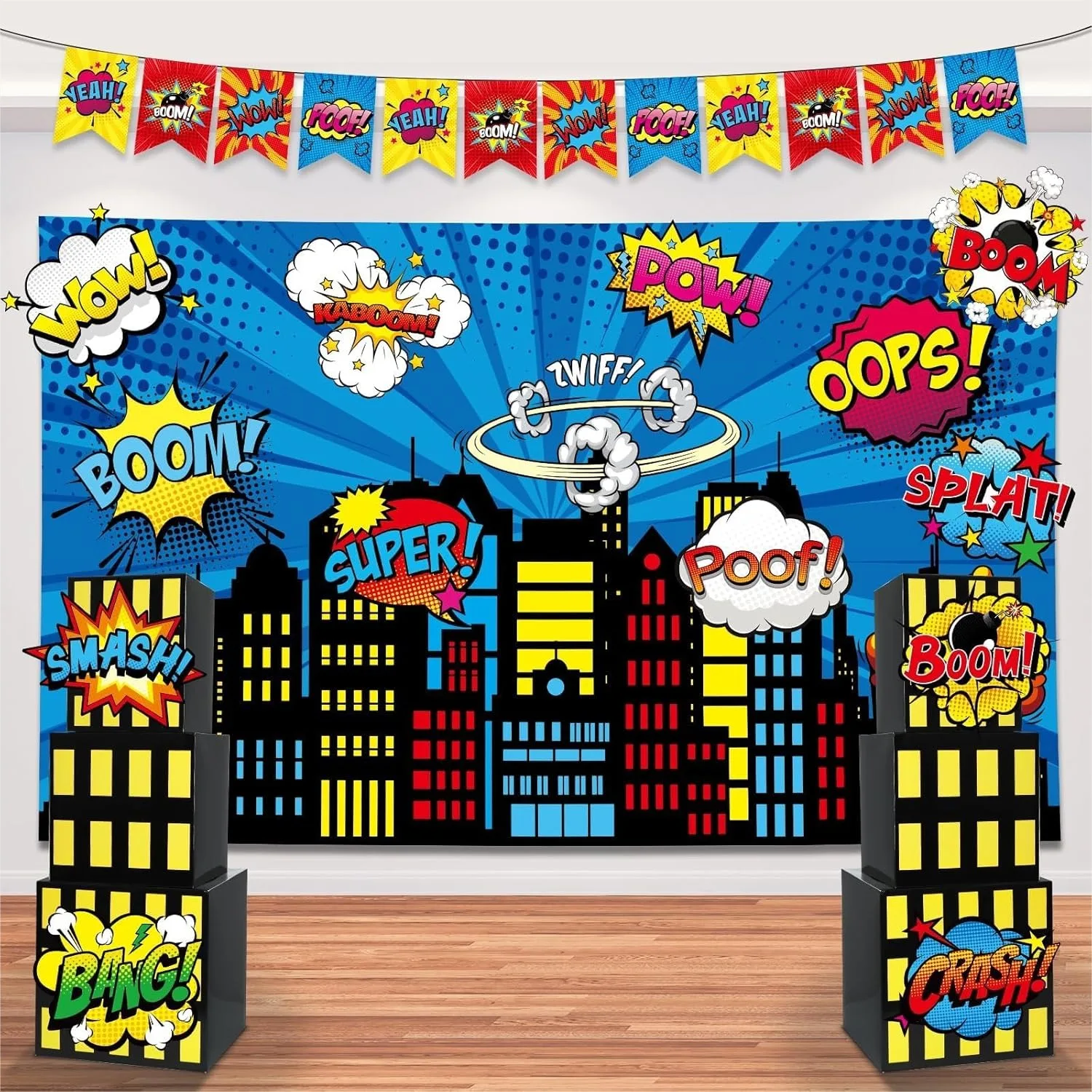

17 Pcs Hero Party Backdrop Set with Skyscraper City Boxes Cutouts Banner for Birthday Decorations