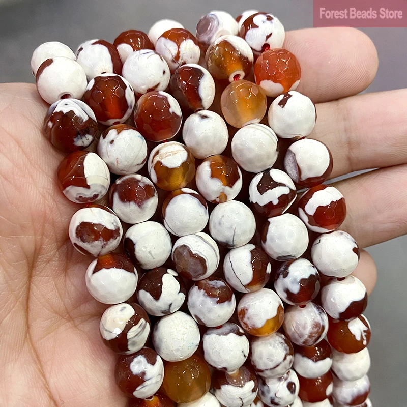 Natural Agate Beads Faceted White Red Frost Cracked Fire Carnelian Onyx Round Loose Beads Diy Bracelet Necklace 15'' 6/8/10/12mm