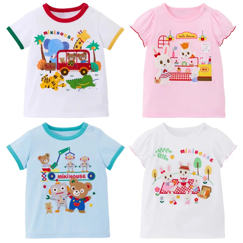 

Одежда для мальчиков, новая летняя футболка для девочек, футболка с короткими рукавами и вышивкой в японском стиле с милым медведем и кроликом, хороший друг