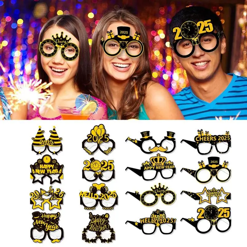 8pcs Happy New Year Paper Glasses 2025 Eyeglasses Frame Photo Booth Props New Year's Eve Party Decoration Christmas Supplies