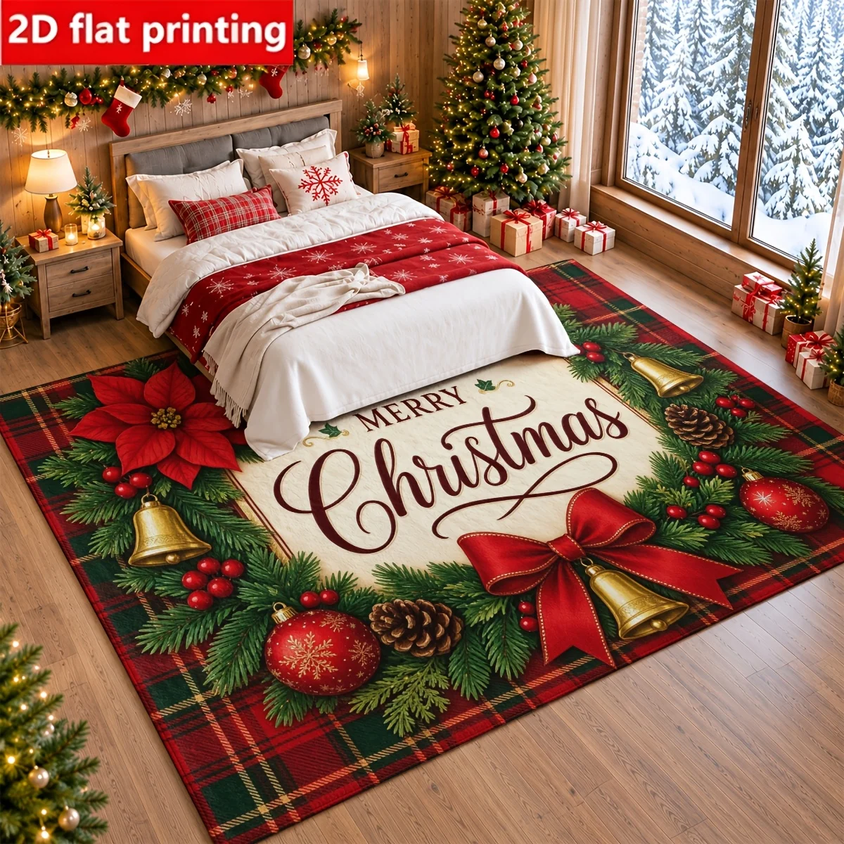 1pc 2D Flat Merry Christmas Plaid Border Poinsettia Pine Cone Bell Bow Bauble Printed Floor Mat, Decorative Rug for Living Room