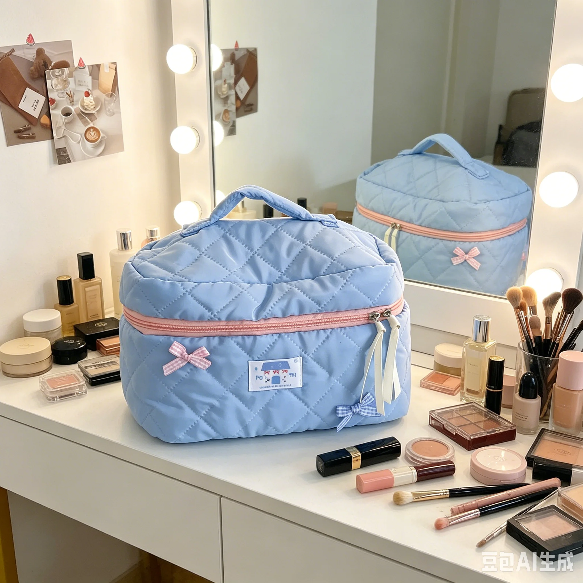 YT Soft Quilted Makeup Bag with Checkered Bow Decoration, Student Portable Touch-Up Bag, Large Capacity, Ins Style Portable Stor
