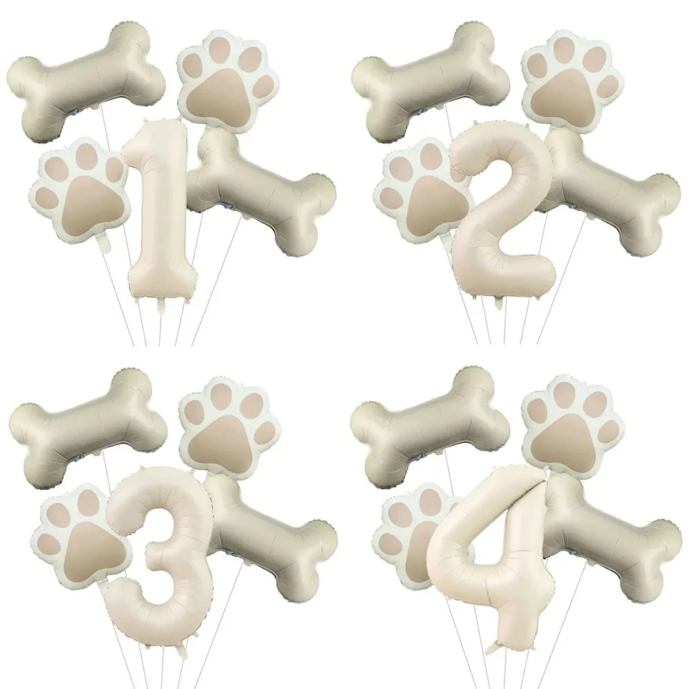 5pcs Dog Party Balloons 32inch Cream Number Balloon Bone Shaped Foil Balloon for Pets Party Birthday Decorations