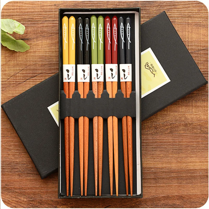 5 Pair Set Bamboo Chopsticks Set Natural Wood Sushi Food Multi Color Household Long Non-Slip Japanese Chopsticks Tableware