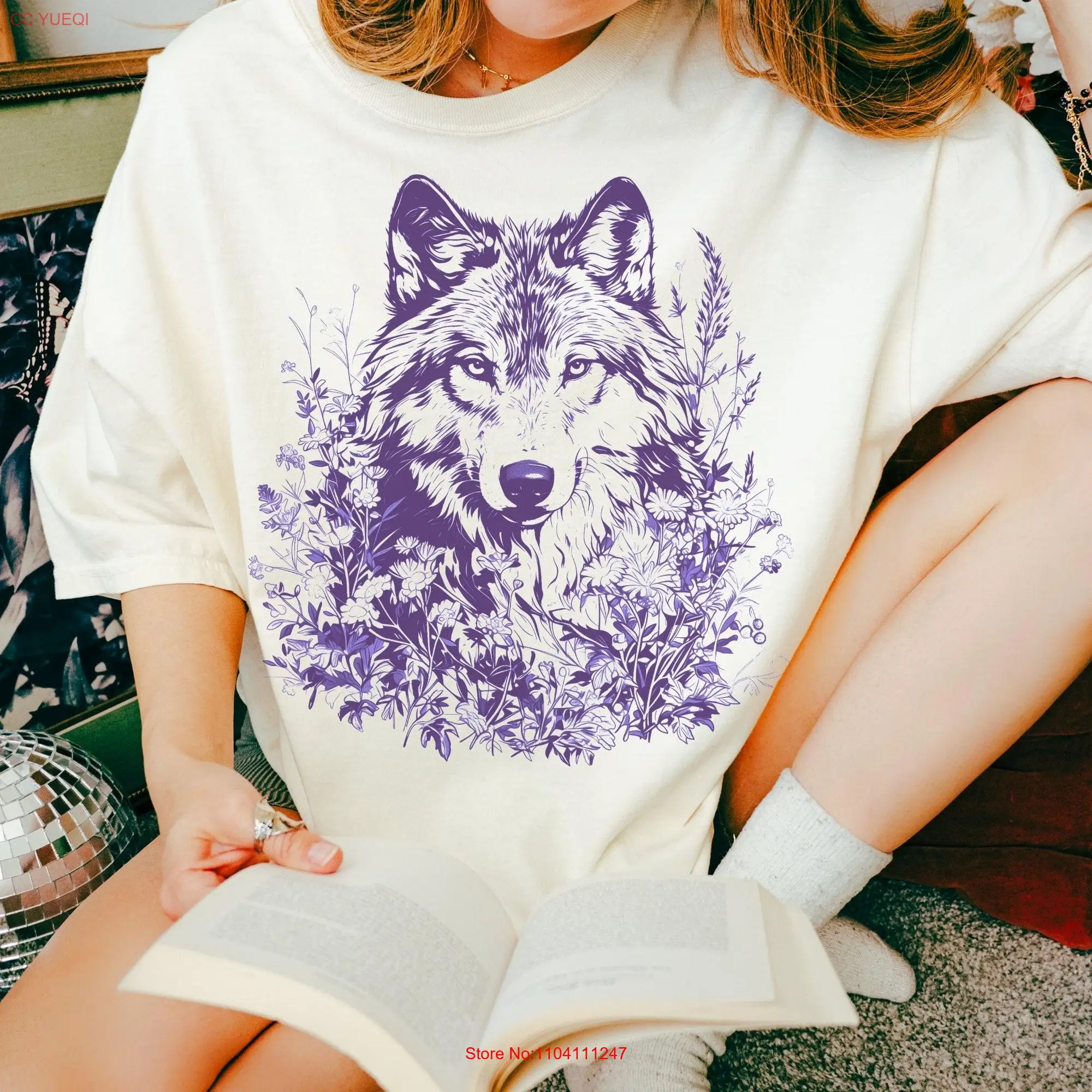 Wildflower Wolf Boho T Shirt Wildlife Animal Mystical Lover Cottagecore For Her long or short sleeves