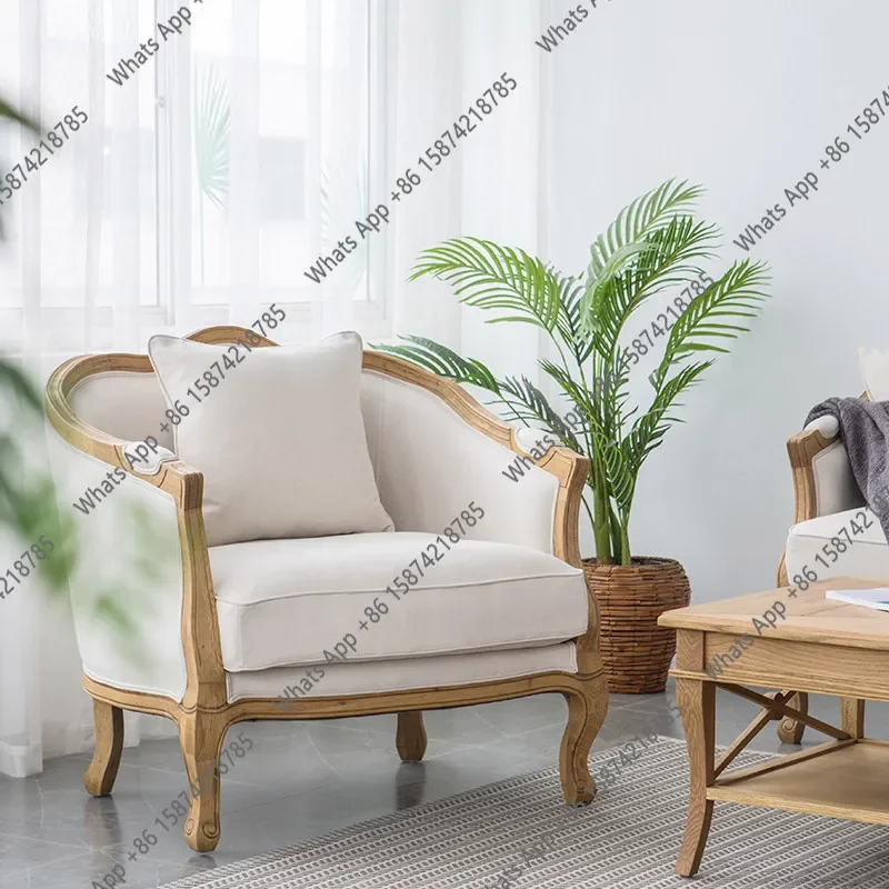 

N49 Postmodern Wabi-sabi Style American Sofa, Country Vintage Nordic Oak Solid Wood Frame, Living Room Fabric Sofa for Three