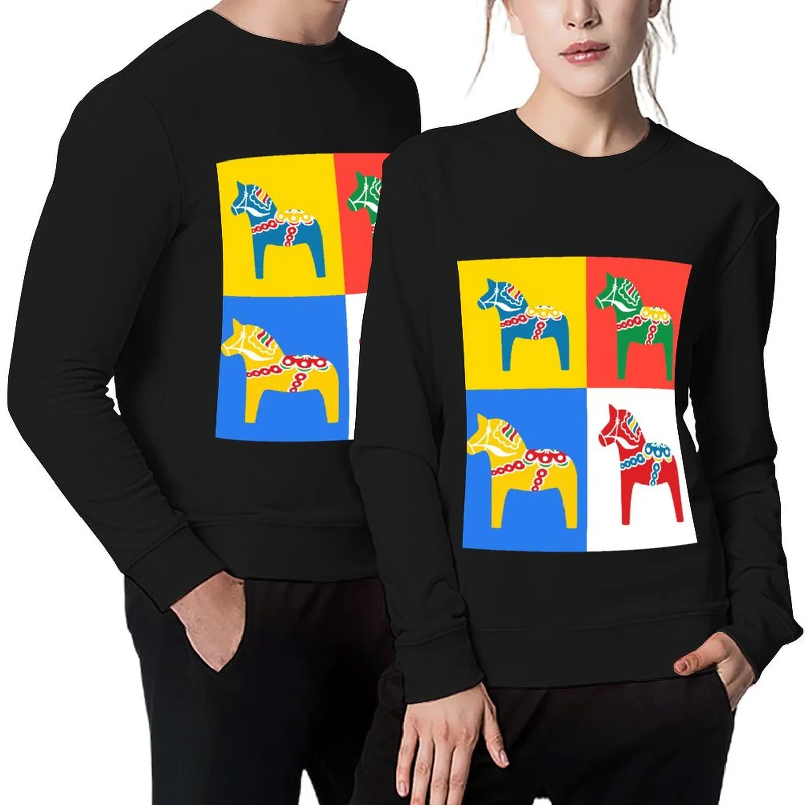 

Dala Horses Dalarna Squares Sweden Horse Dalecarlian Swedish Colorful Dala Host Pullover