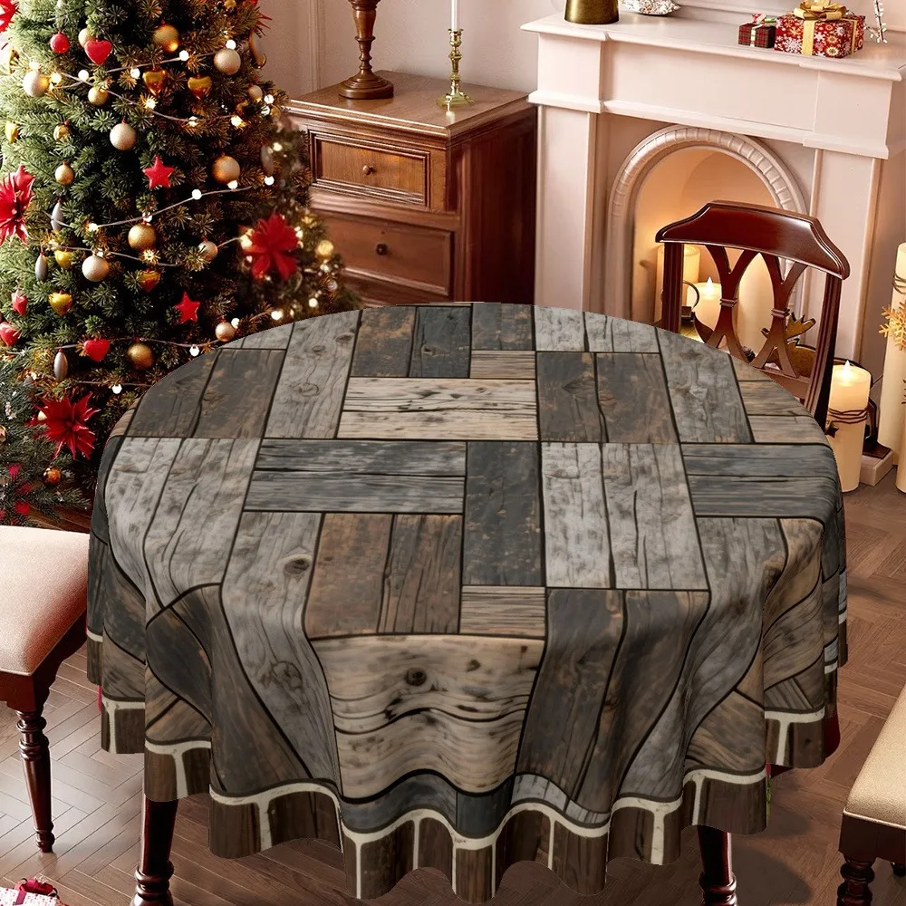 A round tablecloth with a rustic wooden board design, perfect for Christmas.