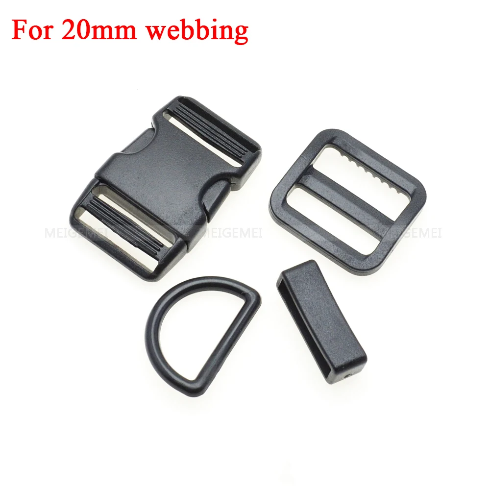 1 set 10mm 15mm 20mm 25mm 30mm 38mm Plastic Slider Adjustable D Rings Belt Loop Curved Side Release Buckles For Paracord