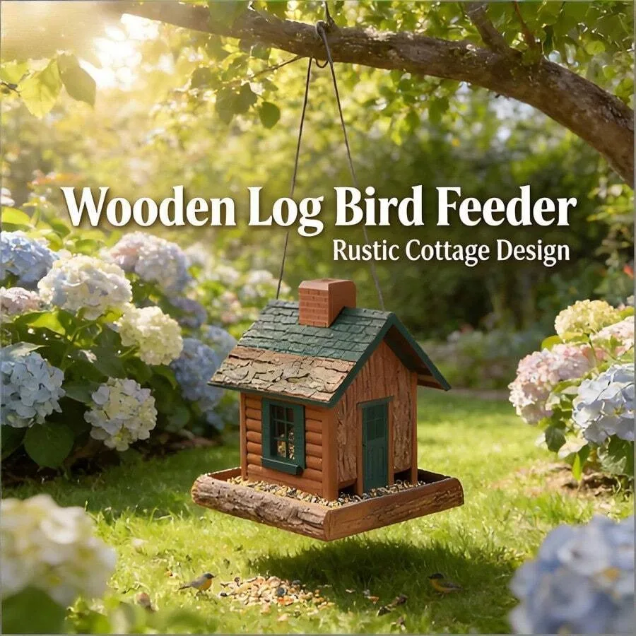 

【New Arrival】Rustic Wooden Log Bird Feeder, Hanging Cottage Design Feeder for Outdoor Garden Decoration