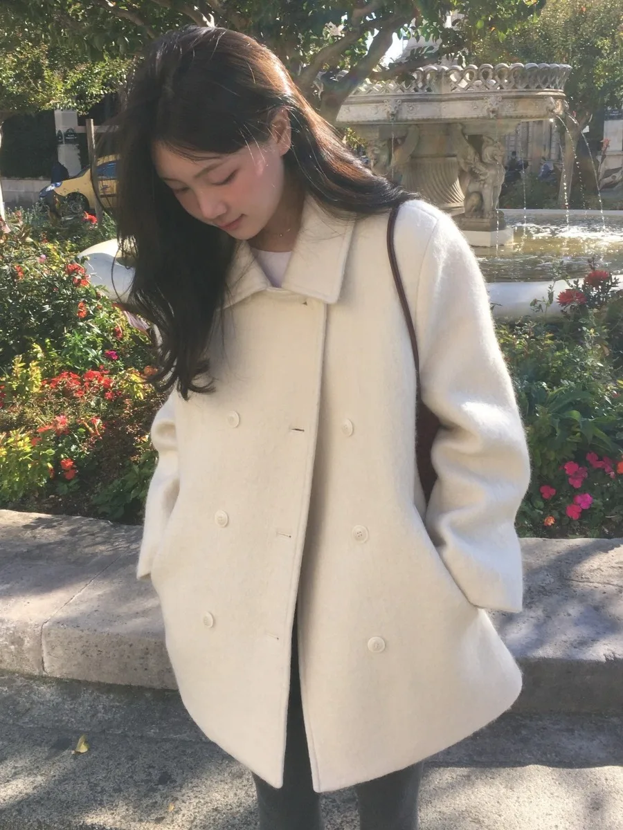

Chic Winter Cotton Woolen Coat Women's Double-breasted Collarl Jaet Korean Sle Regular Fit Outerwear for All Seasons