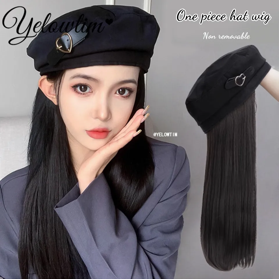 Berets Hat With Hair Wigs Synthetic Long Straight Fake Hair Hat Wig Autumn Winter Warm Cap Wig Black Cap With 50cm Long Hair Wig