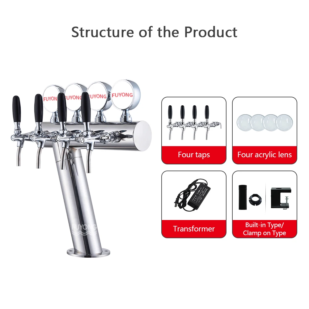 Commercial 4-Tap Draft Beer Dispenser Equipment Steel And Metal Column Beer Tower For Bars PC Accessory Straw Included