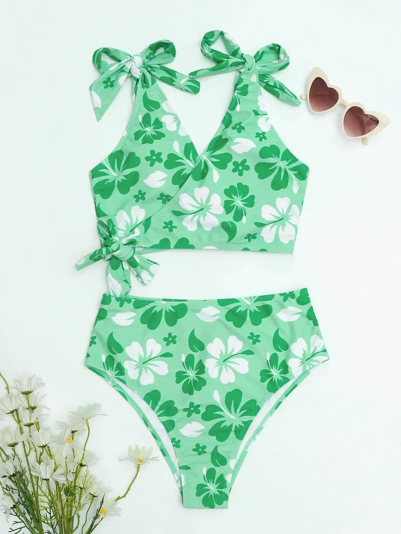 Flower Print Swimsuit for Women 2025 Orange High Waist Two Piece Bikini Set V-neck Suspender Backless Beach Bathing Suit New