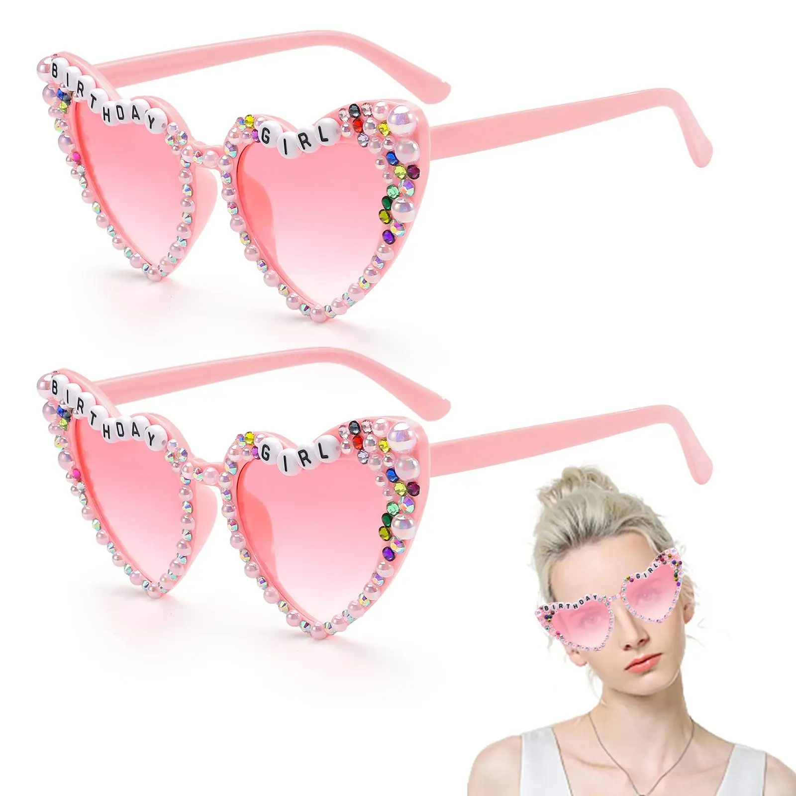 2pcs Pink Birthday Glasses Dazzling Heart Shape Birthday Girl Cute Birthday Girl Decorations Birthday Sunglasses for Birthday