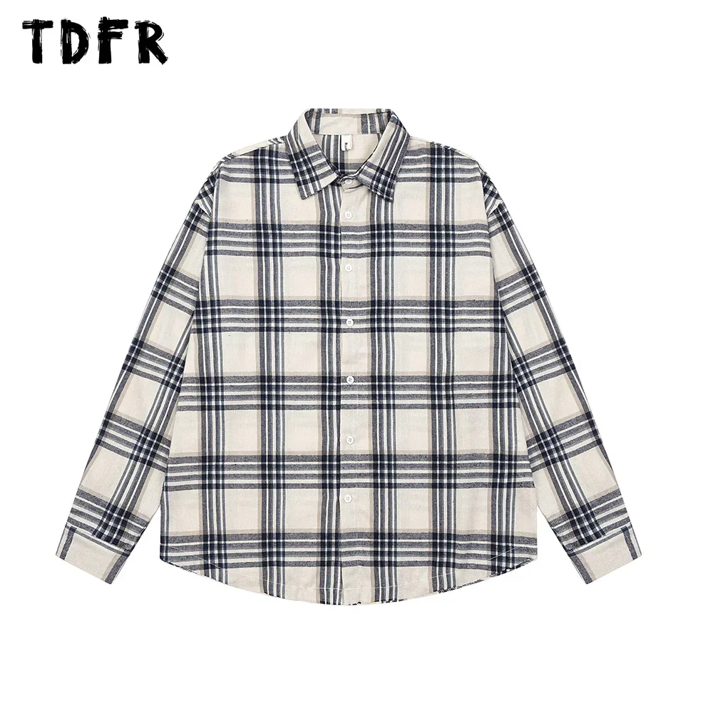 

Plaid Long Sleeve Shirts Mens Lapel Single Breasted Autumn Retro Streetwear Loose Curved Hem Shirts Men