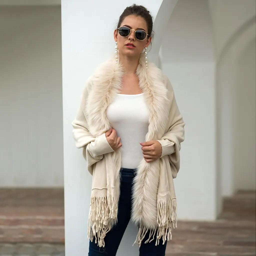 

Women's European American Style Tassel Cape Shawl Fur Collar Solid Color Cardigan Sweater for Autumn Winter Fashion